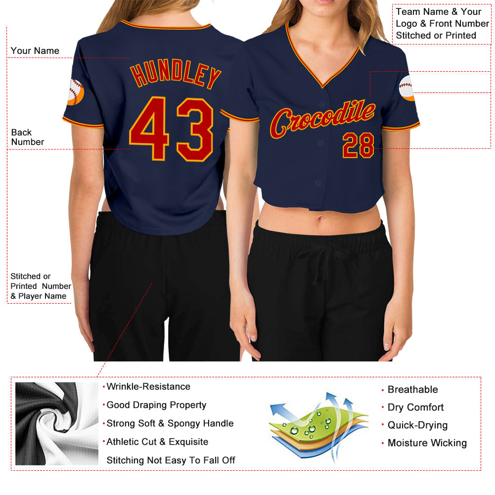 Custom Women's Navy Red-Gold V-Neck Cropped Baseball Jersey - Sky-Custom