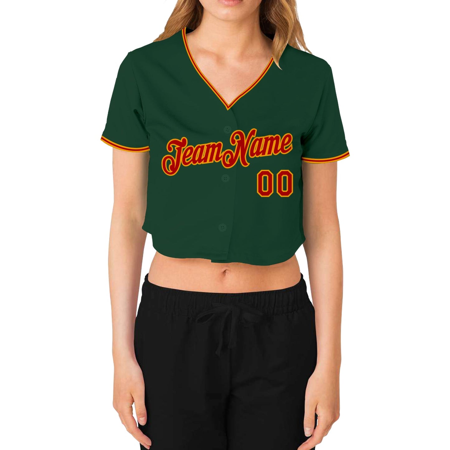 Custom Women's Green Red-Gold V-Neck Cropped Baseball Jersey - Sky-Custom