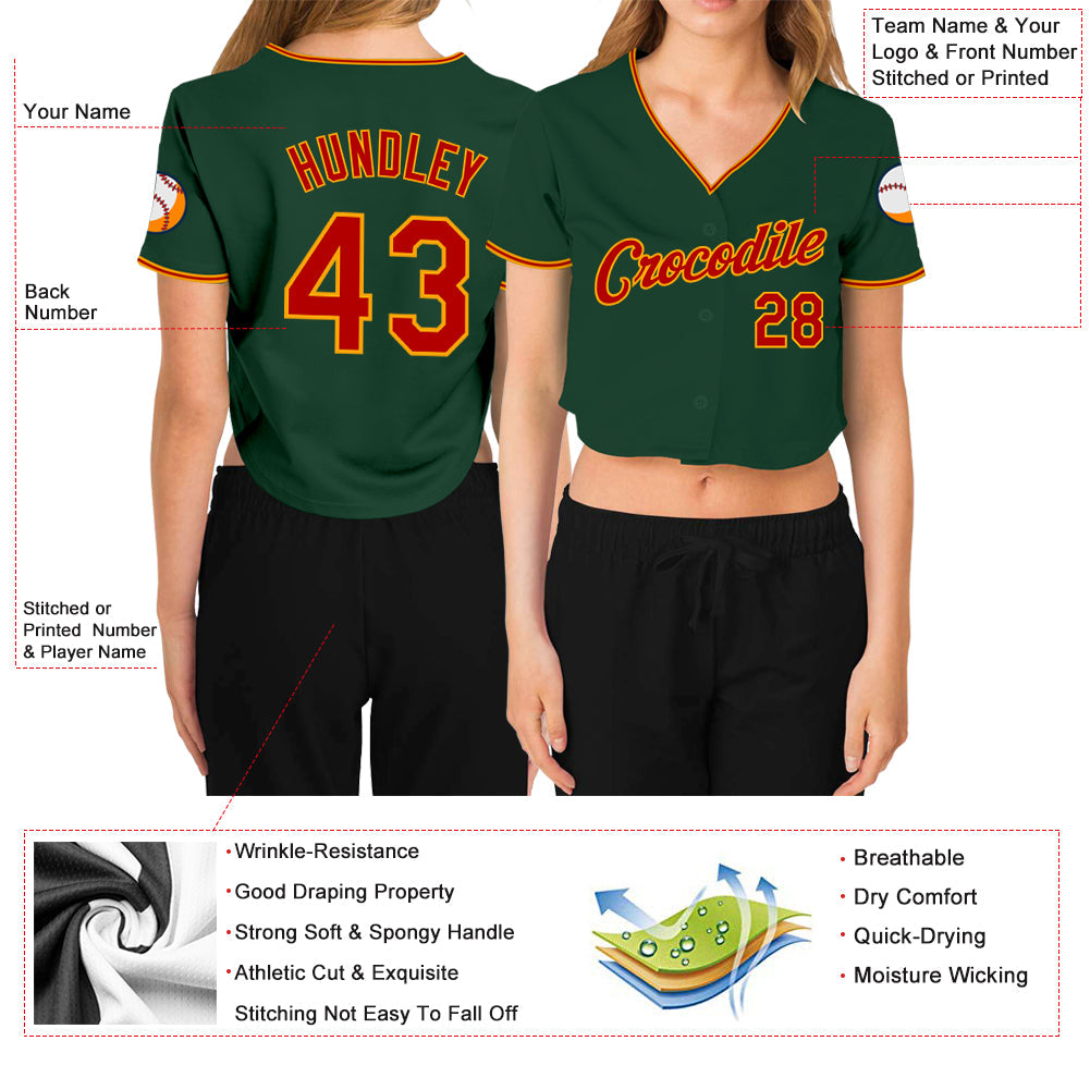 Custom Women's Green Red-Gold V-Neck Cropped Baseball Jersey - Sky-Custom