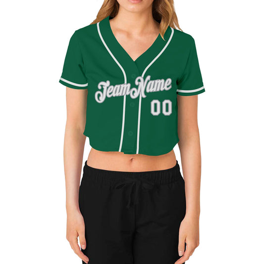 Custom Women's Kelly Green White-Gray V-Neck Cropped Baseball Jersey - Sky-Custom