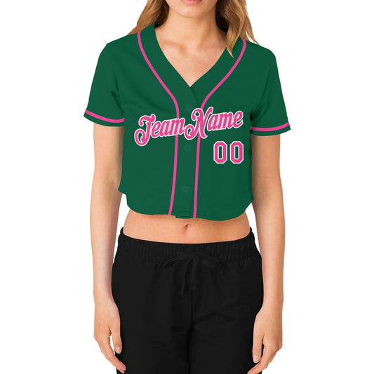 Custom Women's Kelly Green Pink-White V-Neck Cropped Baseball Jersey - Sky-Custom