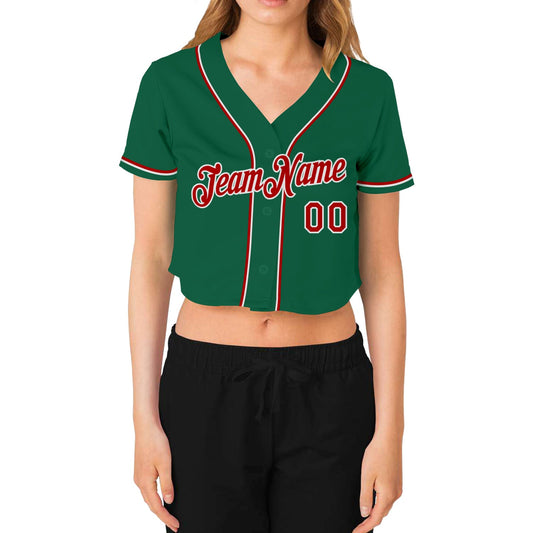 Custom Women's Kelly Green Red-White V-Neck Cropped Baseball Jersey - Sky-Custom