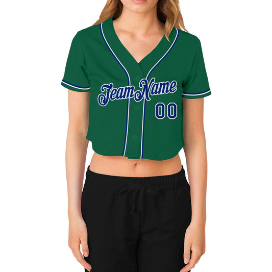 Custom Women's Kelly Green Royal-White V-Neck Cropped Baseball Jersey - Sky-Custom