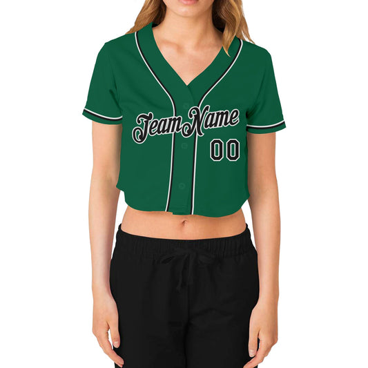 Custom Women's Kelly Green Black-White V-Neck Cropped Baseball Jersey - Sky-Custom