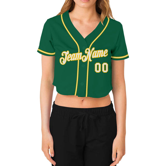 Custom Women's Kelly Green White-Gold V-Neck Cropped Baseball Jersey - Sky-Custom