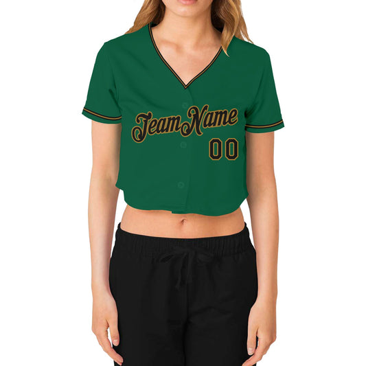 Custom Women's Kelly Green Black-Old Gold V-Neck Cropped Baseball Jersey - Sky-Custom