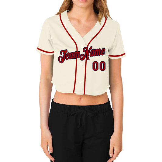 Custom Women's Cream Red-Navy V-Neck Cropped Baseball Jersey - Sky-Custom
