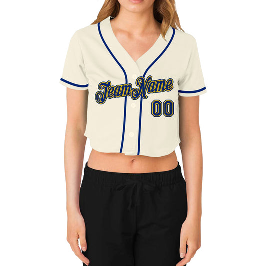 Custom Women's Cream Royal-Gold V-Neck Cropped Baseball Jersey - Sky-Custom
