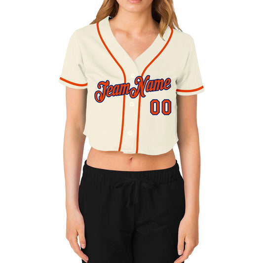Custom Women's Cream Orange-Royal V-Neck Cropped Baseball Jersey - Sky-Custom