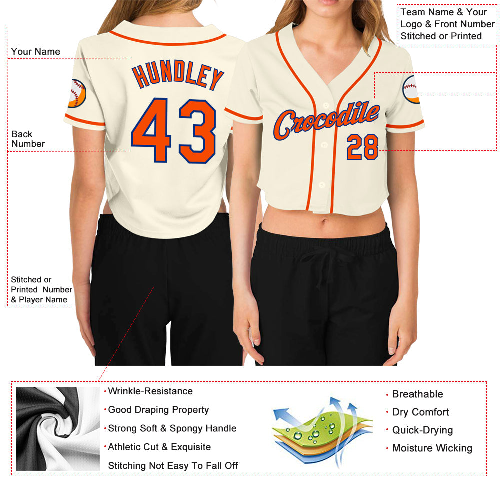 Custom Women's Cream Orange-Royal V-Neck Cropped Baseball Jersey - Sky-Custom
