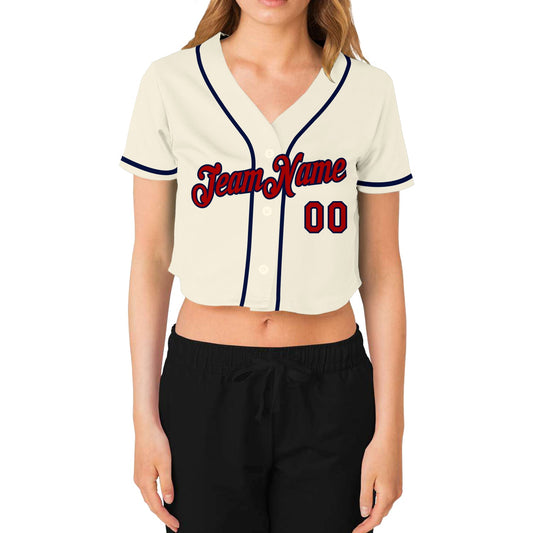 Custom Women's Cream Red-Navy V-Neck Cropped Baseball Jersey - Sky-Custom