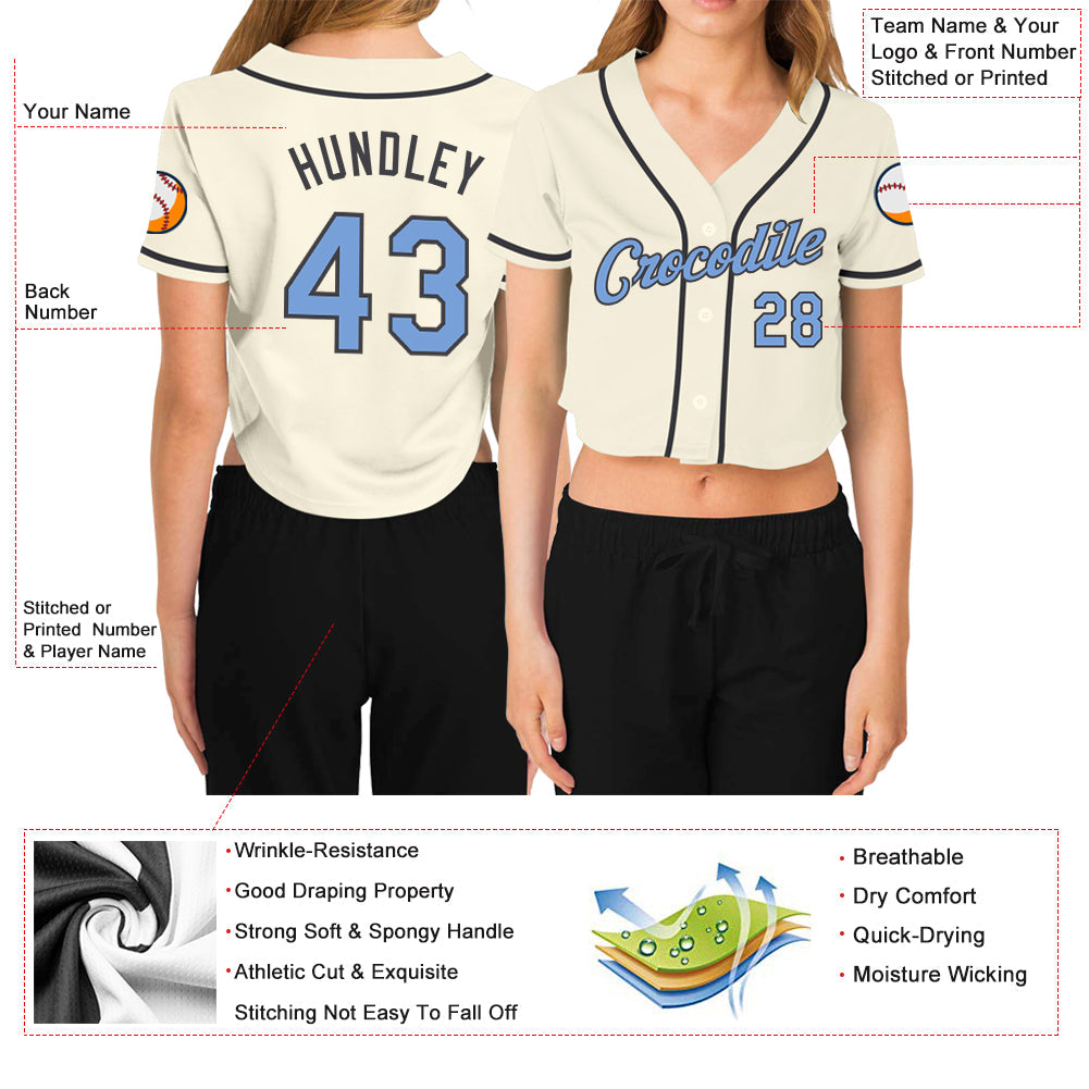 Custom Women's Cream Light Blue-Steel Gray V-Neck Cropped Baseball Jersey - Sky-Custom