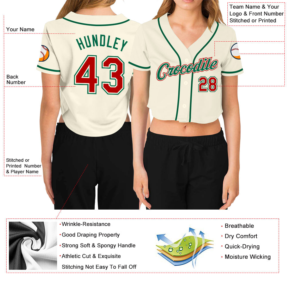 Custom Women's Cream Red-Kelly Green V-Neck Cropped Baseball Jersey - Sky-Custom