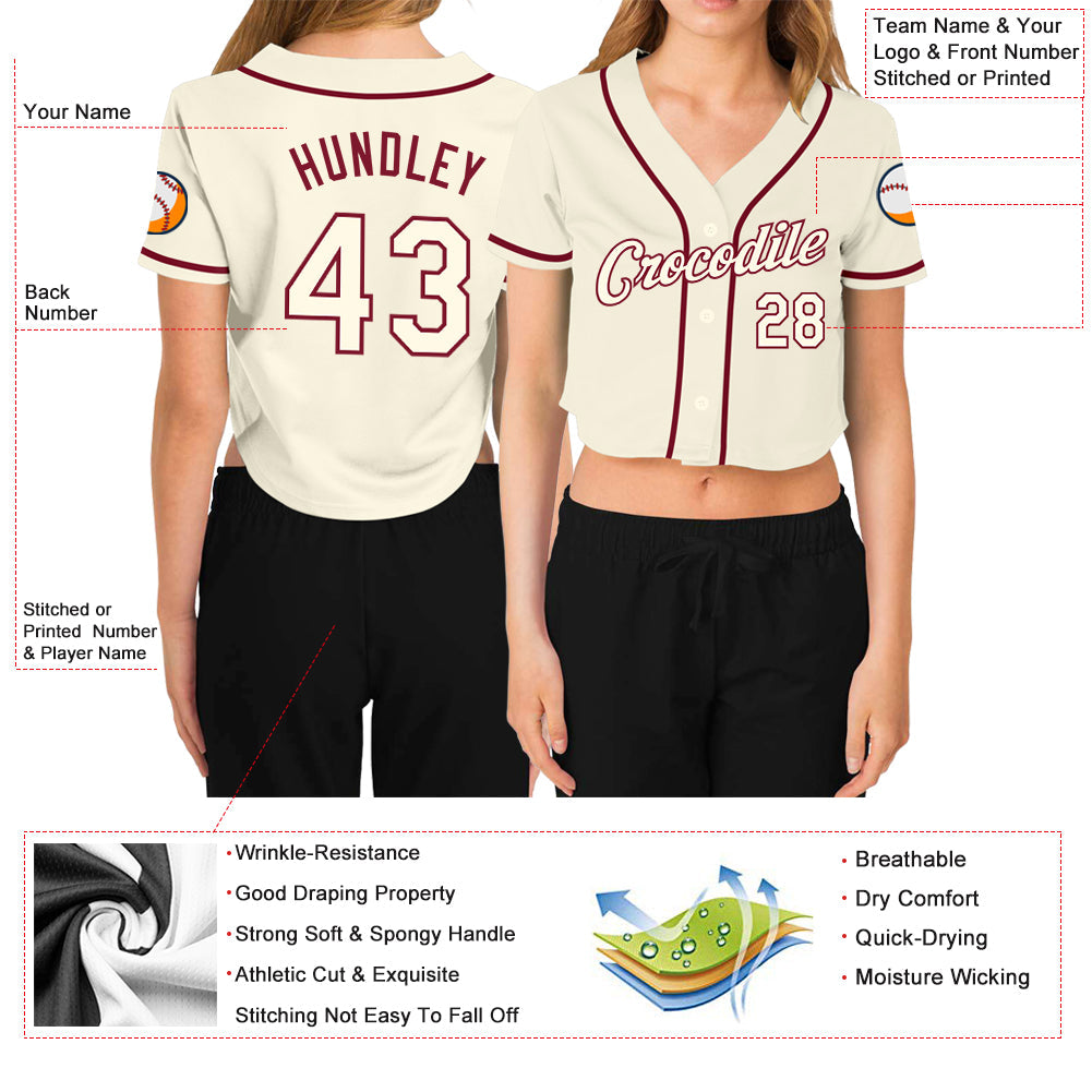 Custom Women's Cream Cream-Crimson V-Neck Cropped Baseball Jersey - Sky-Custom