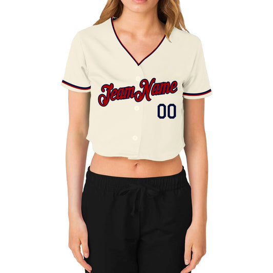 Custom Women's Cream Red-Navy V-Neck Cropped Baseball Jersey - Sky-Custom