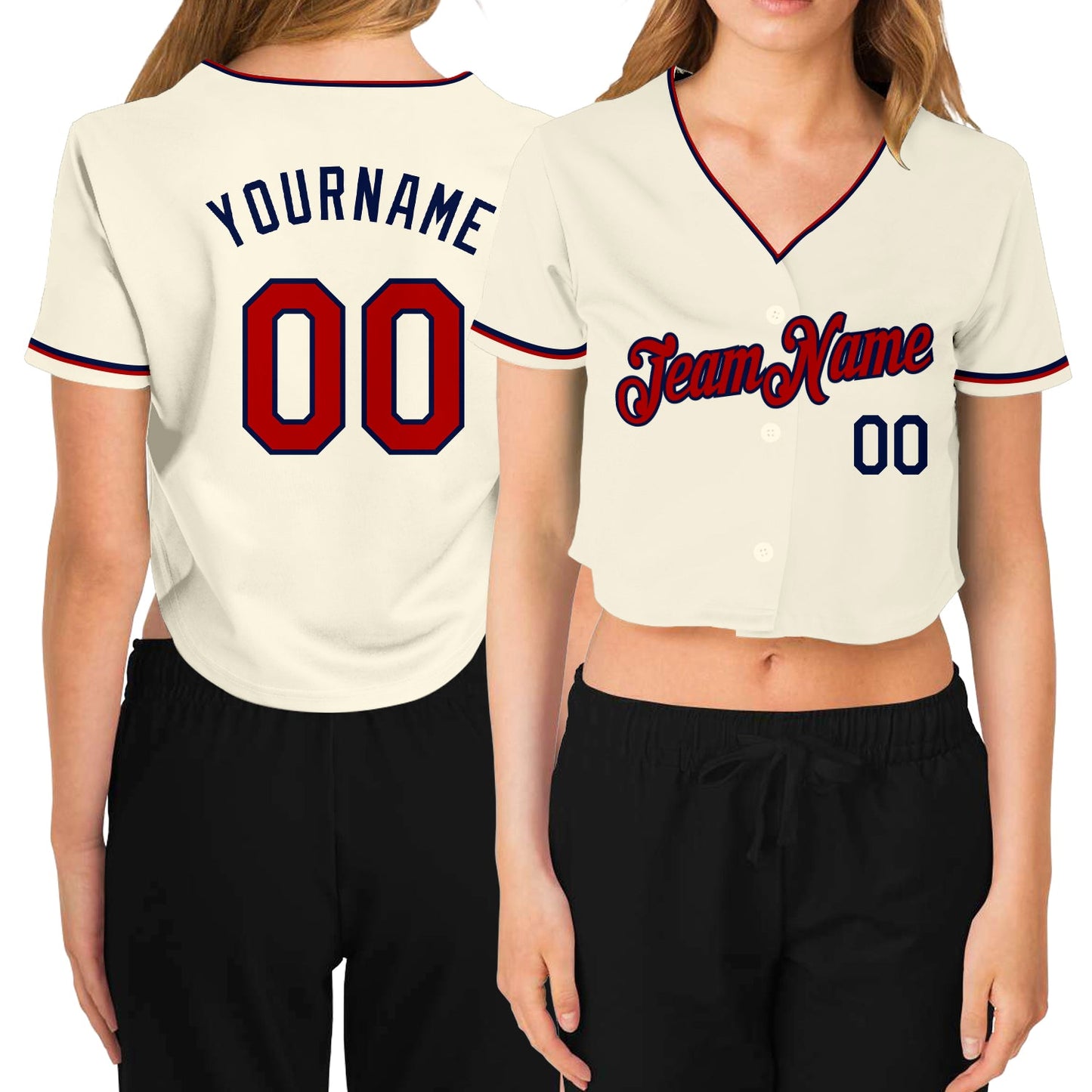 Custom Women's Cream Red-Navy V-Neck Cropped Baseball Jersey - Sky-Custom