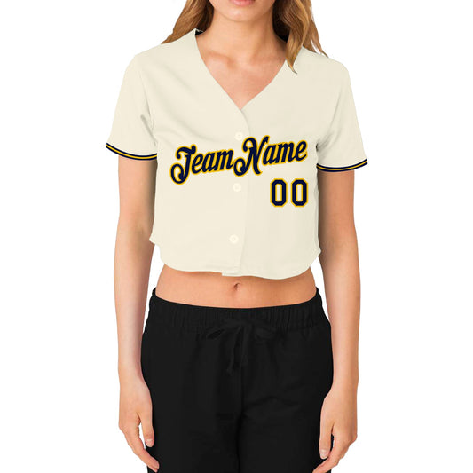Custom Women's Cream Navy-Gold V-Neck Cropped Baseball Jersey - Sky-Custom