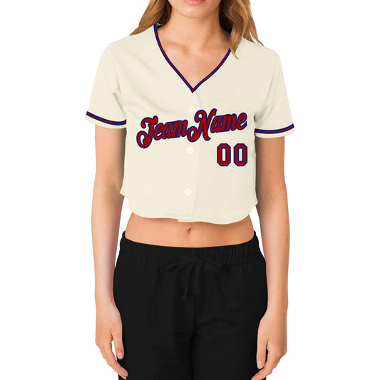 Custom Women's Cream Red-Royal V-Neck Cropped Baseball Jersey - Sky-Custom