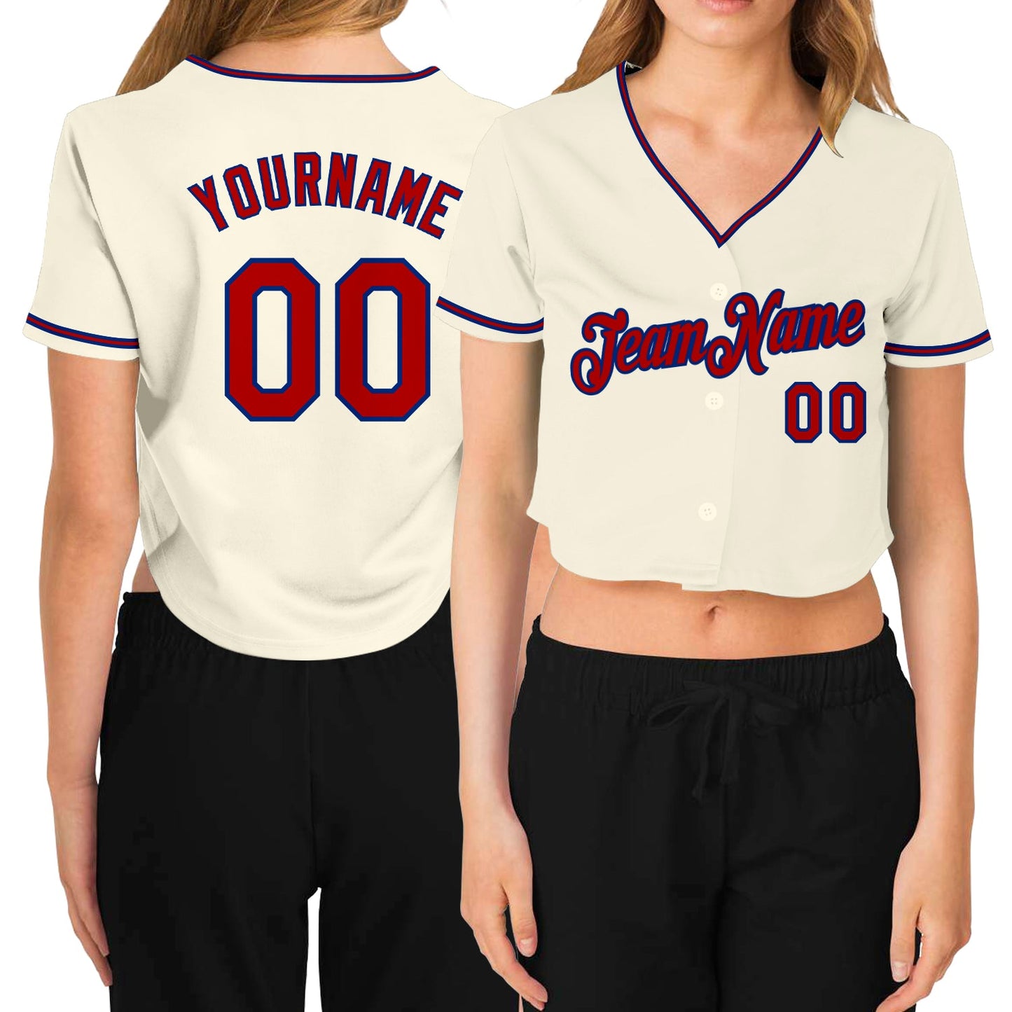 Custom Women's Cream Red-Royal V-Neck Cropped Baseball Jersey - Sky-Custom