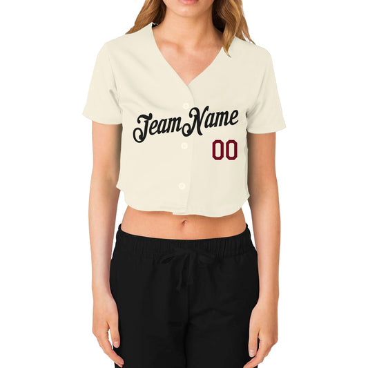 Custom Women's Cream Black-Crimson V-Neck Cropped Baseball Jersey - Sky-Custom