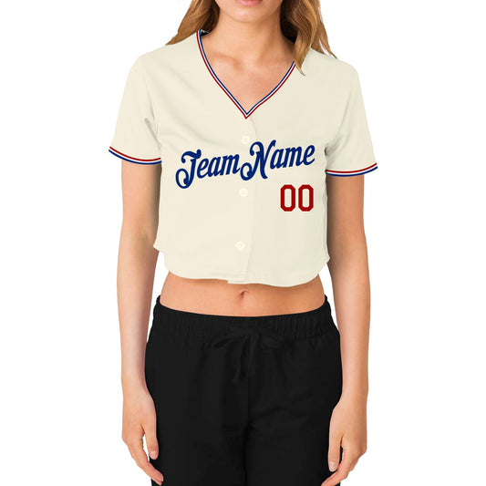 Custom Women's Cream Red-Royal V-Neck Cropped Baseball Jersey - Sky-Custom
