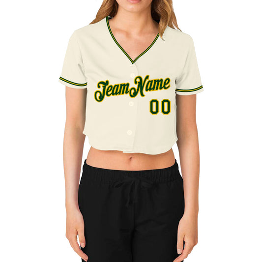 Custom Women's Cream Green-Gold V-Neck Cropped Baseball Jersey - Sky-Custom