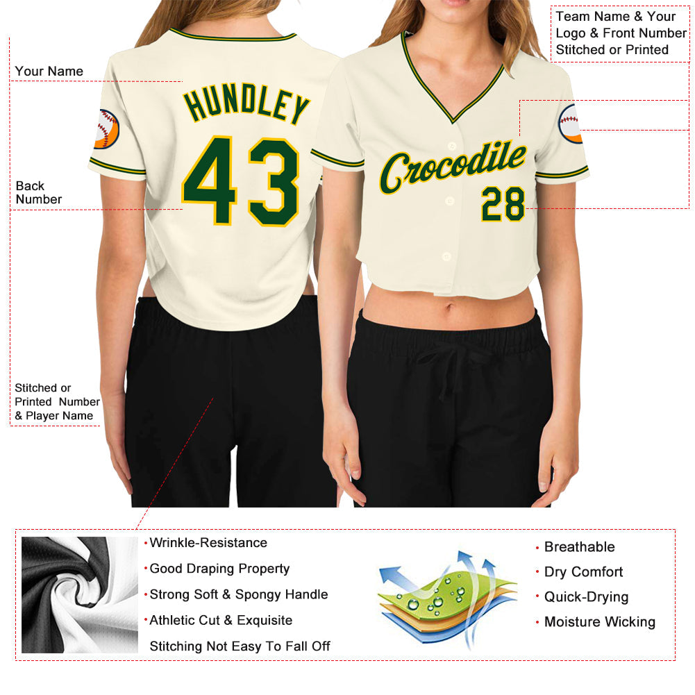 Custom Women's Cream Green-Gold V-Neck Cropped Baseball Jersey - Sky-Custom