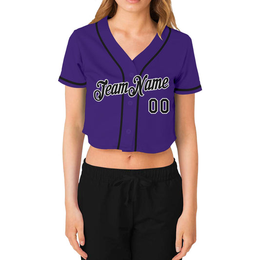 Custom Women's Purple Black-White V-Neck Cropped Baseball Jersey - Sky-Custom