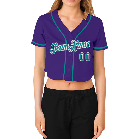 Custom Women's Purple Aqua-White V-Neck Cropped Baseball Jersey - Sky-Custom
