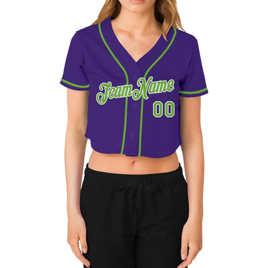 Custom Women's Purple Neon Green-White V-Neck Cropped Baseball Jersey - Sky-Custom