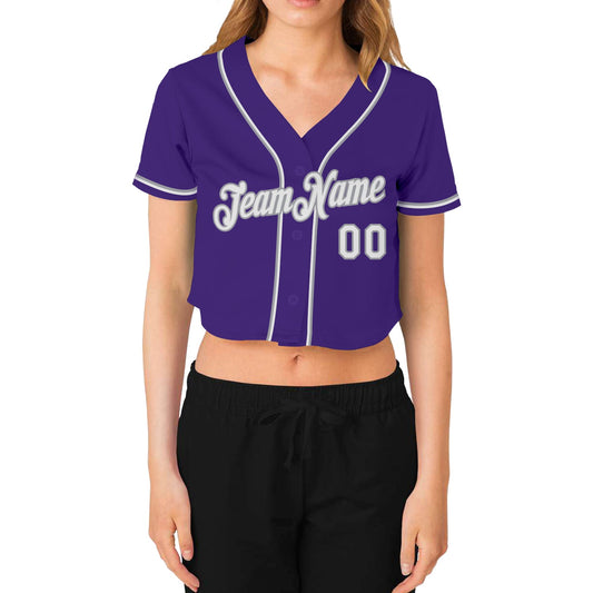 Custom Women's Purple White-Gray V-Neck Cropped Baseball Jersey - Sky-Custom