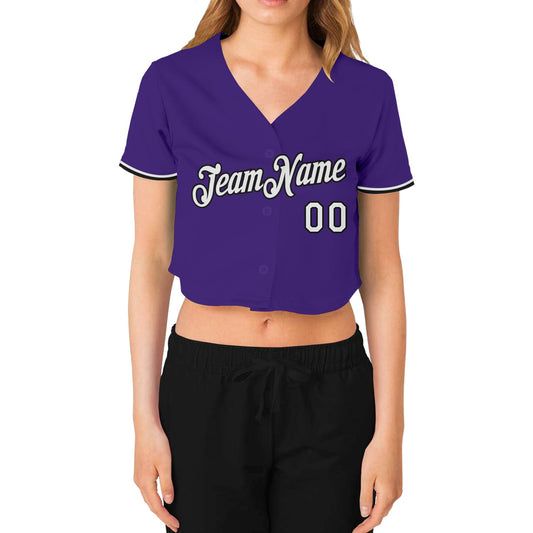 Custom Women's Purple White-Black V-Neck Cropped Baseball Jersey - Sky-Custom