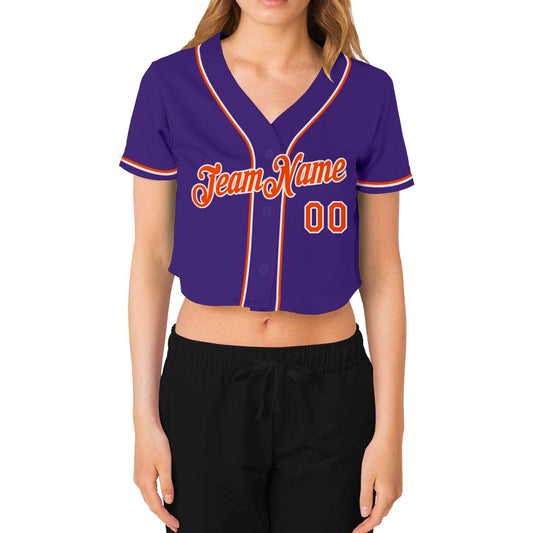 Custom Women's Purple Orange-White V-Neck Cropped Baseball Jersey - Sky-Custom