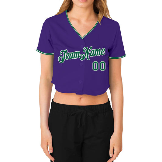 Custom Women's Purple Kelly Green-White V-Neck Cropped Baseball Jersey - Sky-Custom