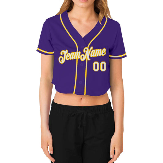 Custom Women's Purple White-Gold V-Neck Cropped Baseball Jersey - Sky-Custom