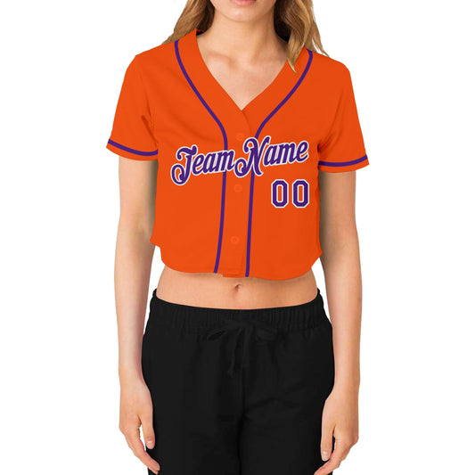 Custom Women's Orange Purple-White V-Neck Cropped Baseball Jersey - Sky-Custom