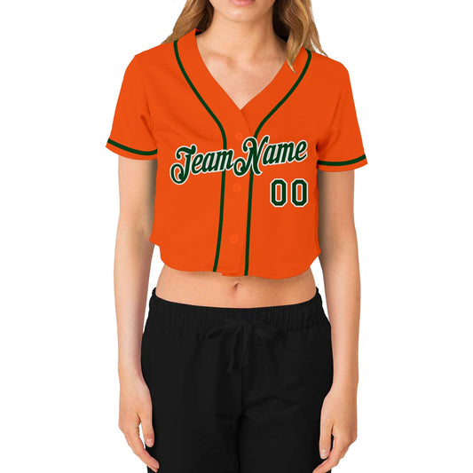 Custom Women's Orange Green-White V-Neck Cropped Baseball Jersey - Sky-Custom