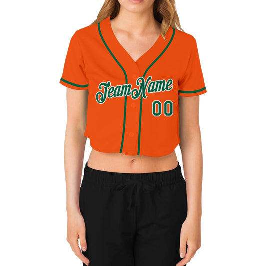Custom Women's Orange Kelly Green-White V-Neck Cropped Baseball Jersey - Sky-Custom