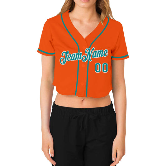 Custom Women's Orange Aqua-White V-Neck Cropped Baseball Jersey - Sky-Custom