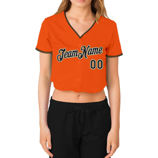Custom Women's Orange Black Old Gold-White V-Neck Cropped Baseball Jersey - Sky-Custom
