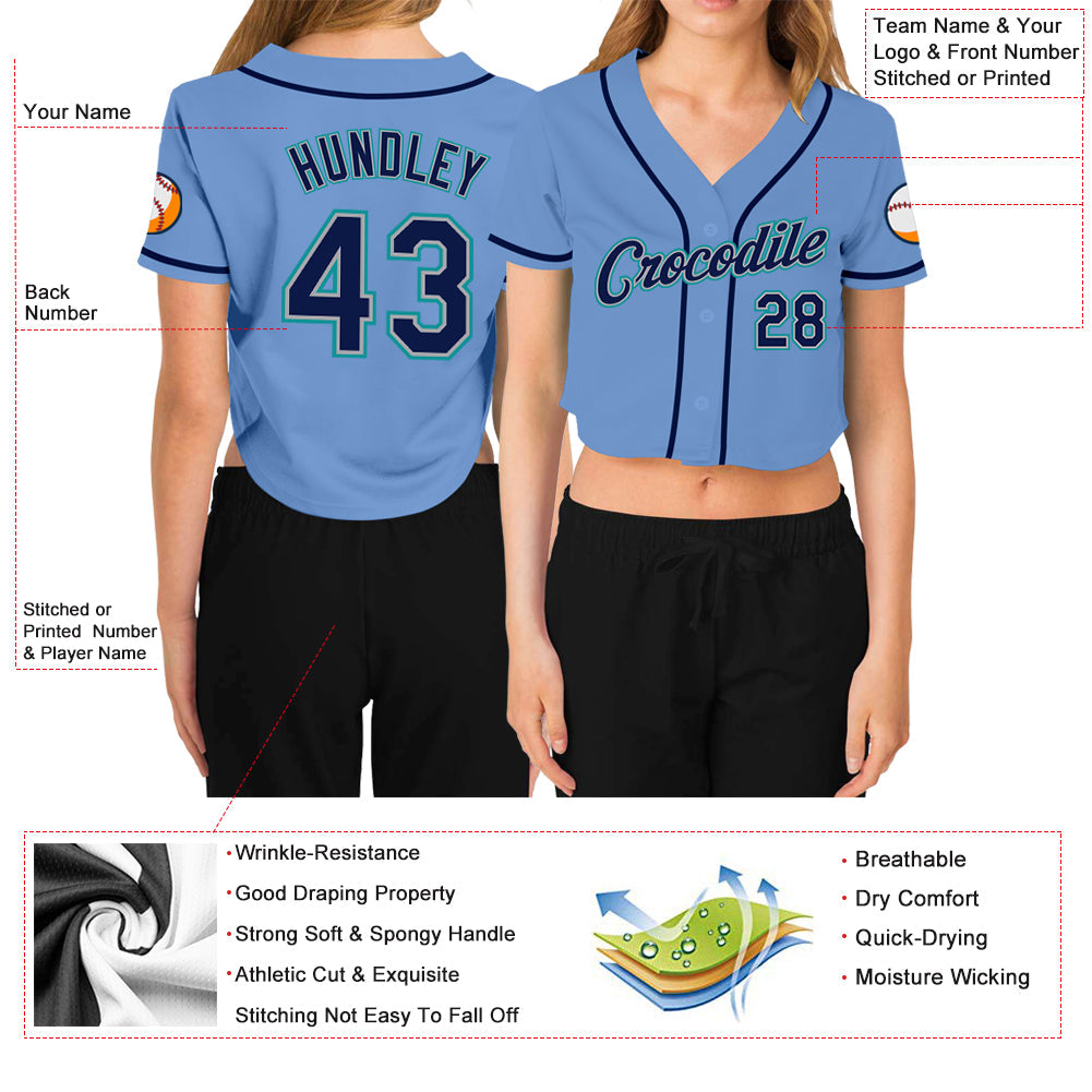 Custom Women's Light Blue Navy Gray-Aqua V-Neck Cropped Baseball Jersey - Sky-Custom