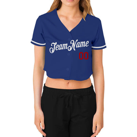 Custom Women's Royal White-Red V-Neck Cropped Baseball Jersey - Sky-Custom