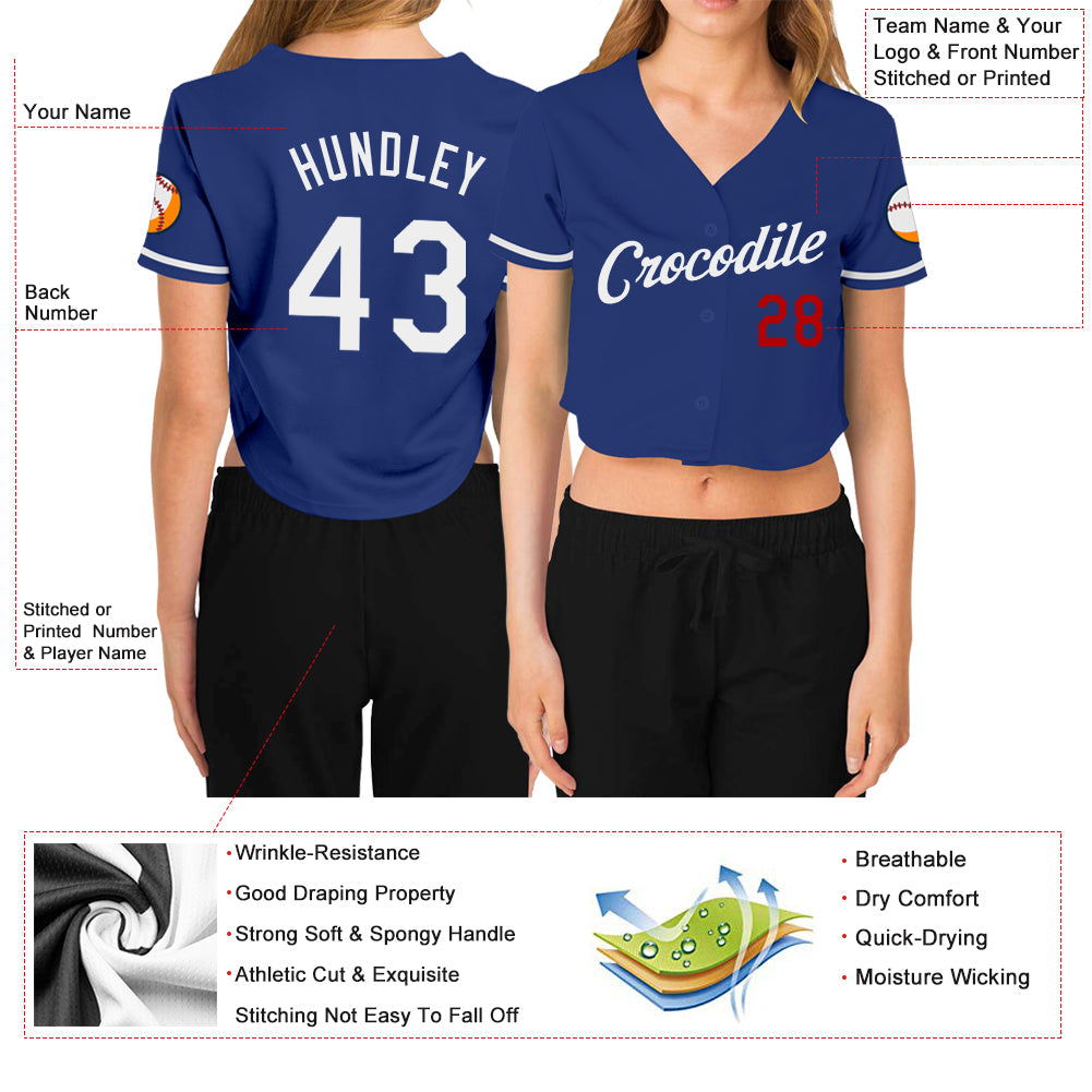Custom Women's Royal White-Red V-Neck Cropped Baseball Jersey - Sky-Custom