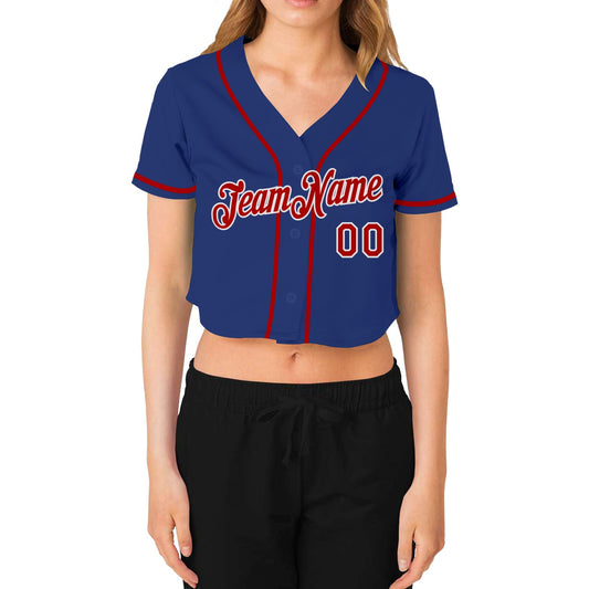 Custom Women's Royal Red-White V-Neck Cropped Baseball Jersey - Sky-Custom
