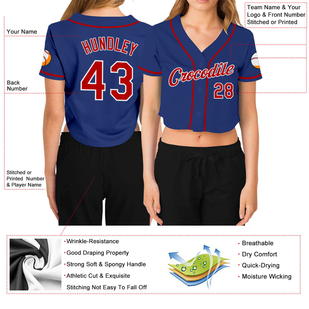 Custom Women's Royal Red-White V-Neck Cropped Baseball Jersey - Sky-Custom