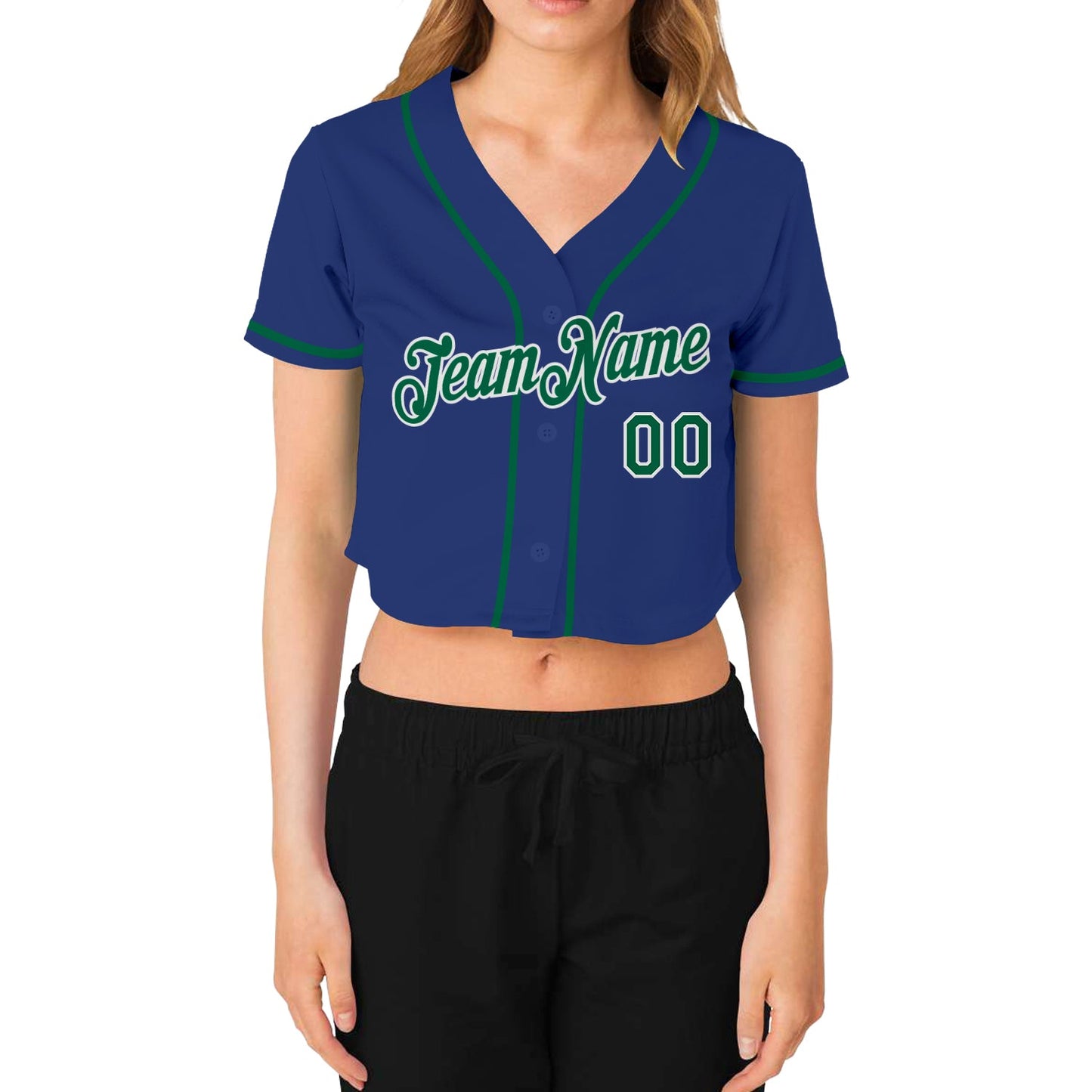 Custom Women's Royal Kelly Green-White V-Neck Cropped Baseball Jersey - Sky-Custom