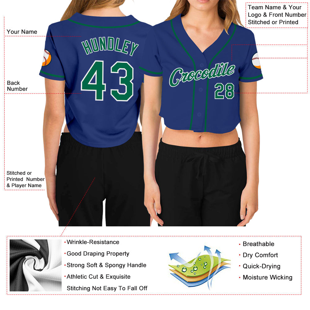 Custom Women's Royal Kelly Green-White V-Neck Cropped Baseball Jersey - Sky-Custom