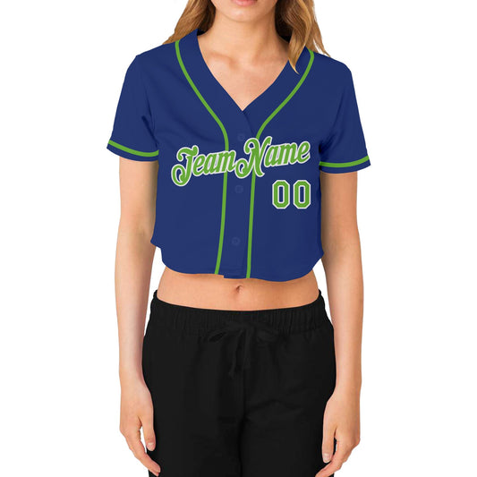 Custom Women's Royal Neon Green-White V-Neck Cropped Baseball Jersey - Sky-Custom