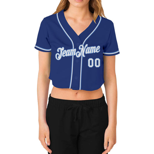 Custom Women's Royal White-Light Blue V-Neck Cropped Baseball Jersey - Sky-Custom