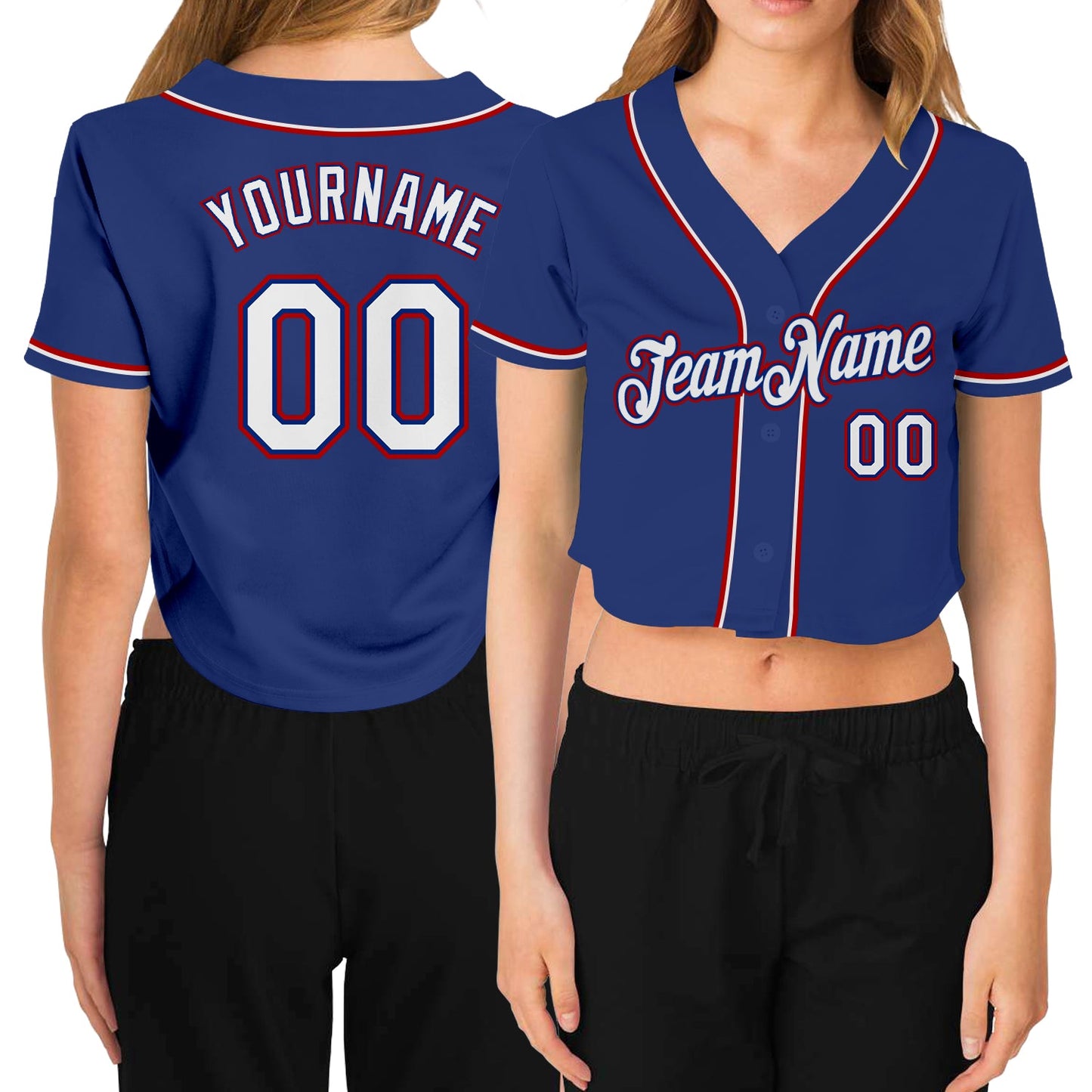 Custom Women's Royal White-Red V-Neck Cropped Baseball Jersey - Sky-Custom